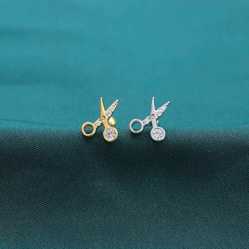 Khuyên tai nam bạc 925 chuôi thẳng thiết kế hình kéo 2 màu bạc và vàng KN106 (1 chiếc) | GEMY SILVER KN106