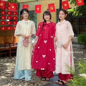 CÓ BIGSIZE - Áo dài TUYẾT MAI voan tơ cổ cách điệu buộc dây thêu nổi kèm quần Satin AD181