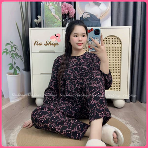 Đồ bộ mặc nhà Babydoll Quần dài Cổ tròn Tay dài, Chất tôn lanh mềm mát mịn Đủ size 40-65kg