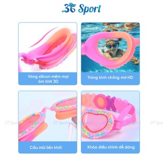 Kính bơi hình trái tim cho trẻ em, tròng chống sương mù, đệm mắt silicon êm ái chống nước KB-1700