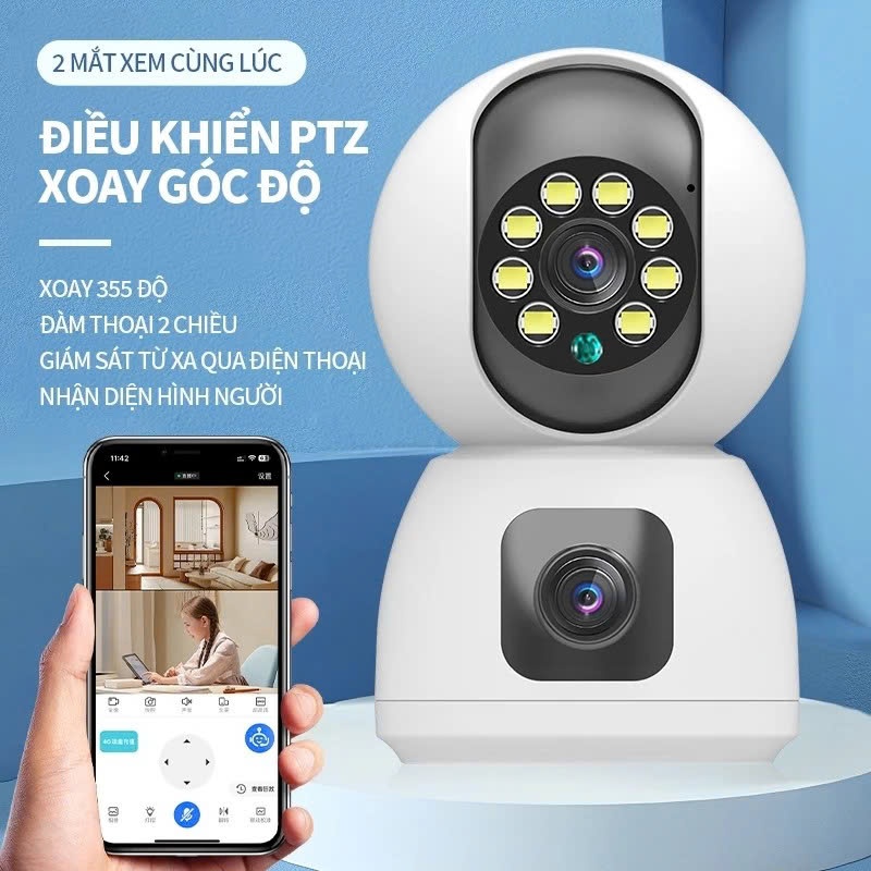 Camera Wifi 2 Mắt Trong Nhà Xoay 360° – Điều Khiển PTZ, Đàm Thoại 2 Chiều, Giám Sát Từ Xa, Nhận Diện Hình Người, Xem Đêm