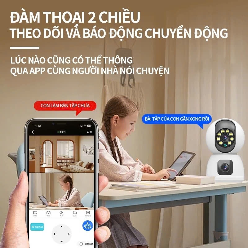Camera Wifi 2 Mắt Trong Nhà Xoay 360° – Điều Khiển PTZ, Đàm Thoại 2 Chiều, Giám Sát Từ Xa, Nhận Diện Hình Người, Xem Đêm