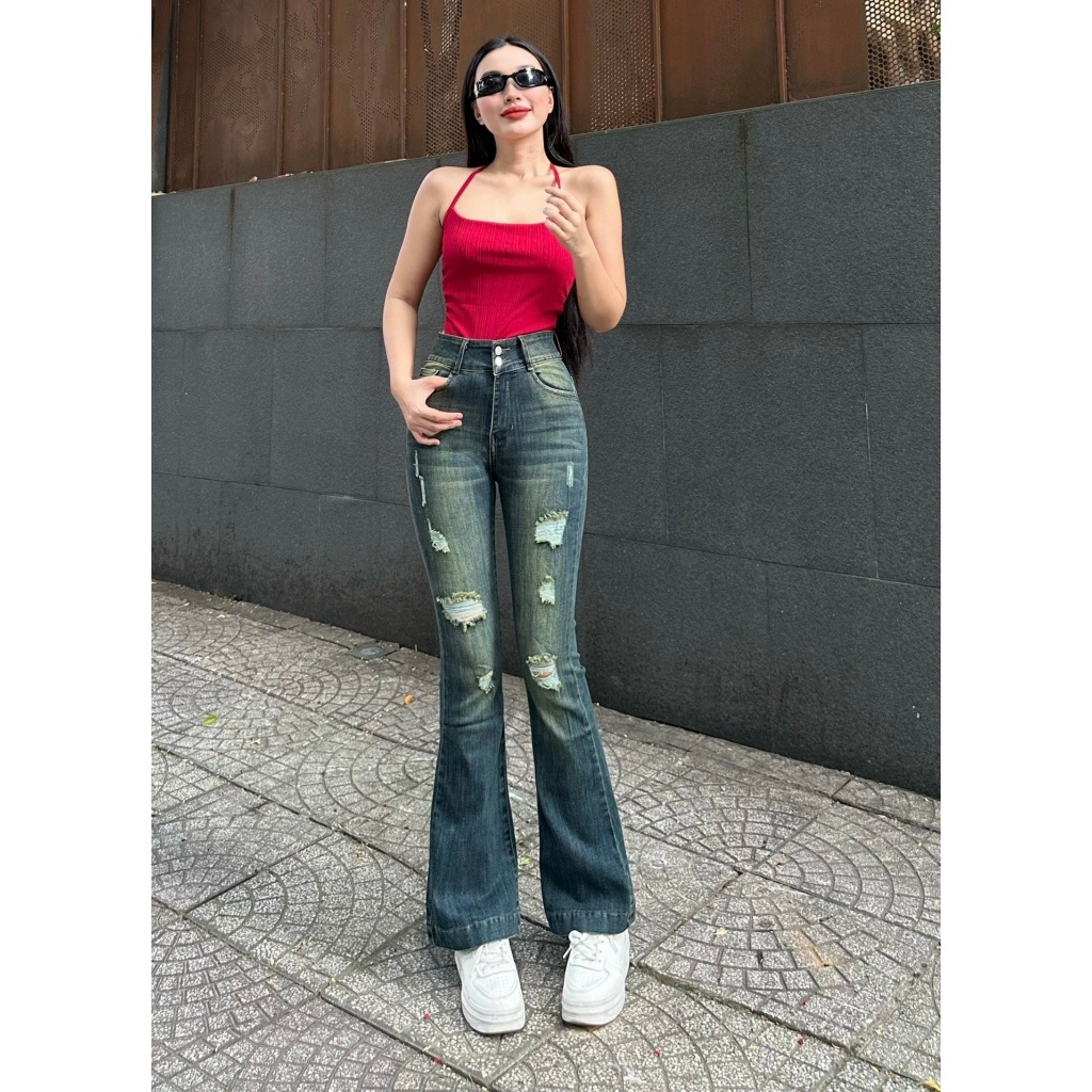 Quần Jeans Nữ Ống Leo Dài mÀU Trắng Kiểu Rách co giãn