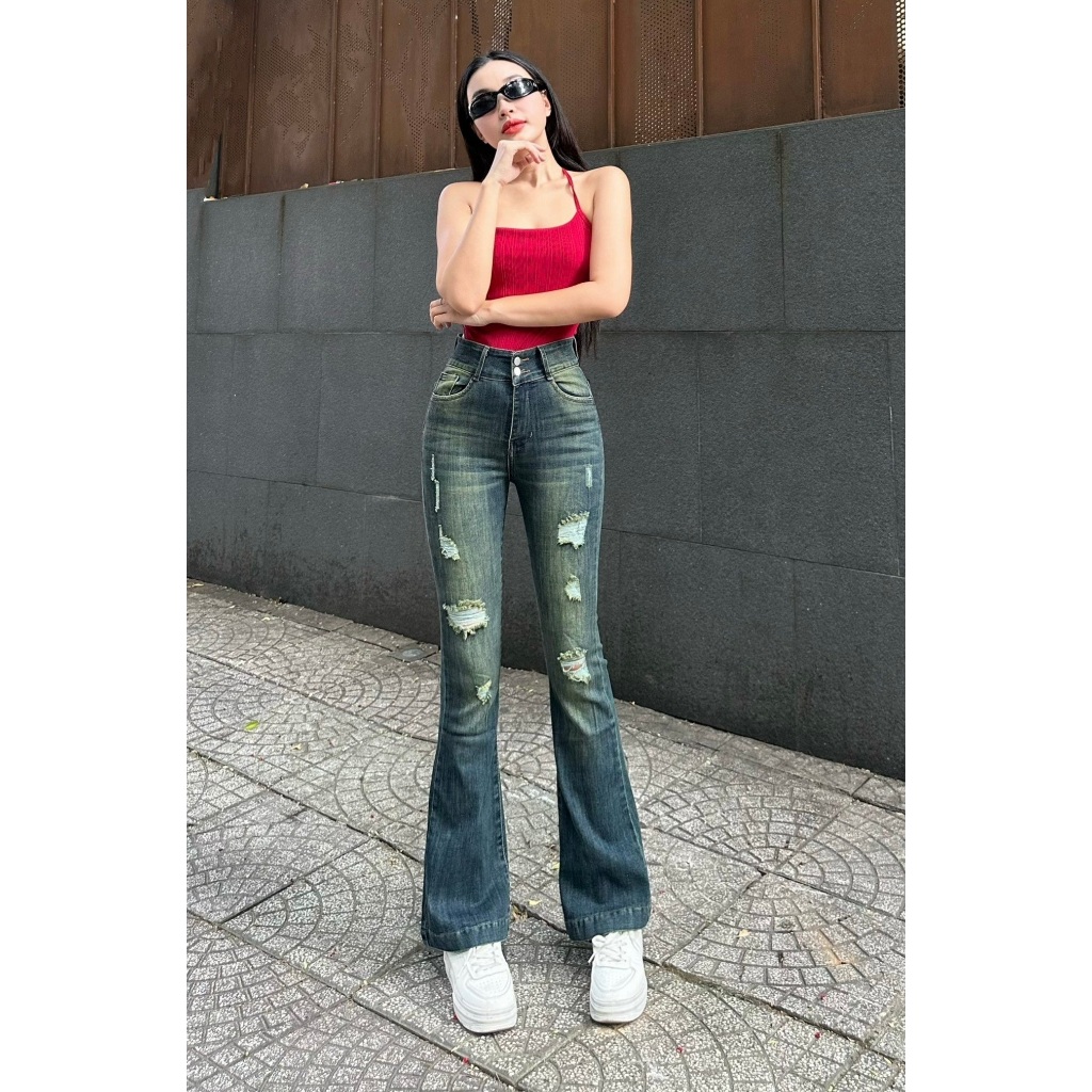 Quần Jeans Nữ Ống Leo Dài mÀU Trắng Kiểu Rách co giãn