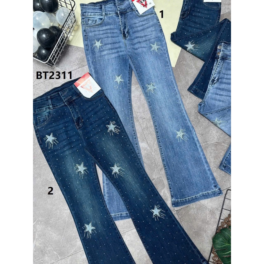 40-75kg Quần Jeans Nữ Lưng Cao Ống Loe Dài Thêu Sao Đính Đá CO Giãn 4 chiều 100-103cm