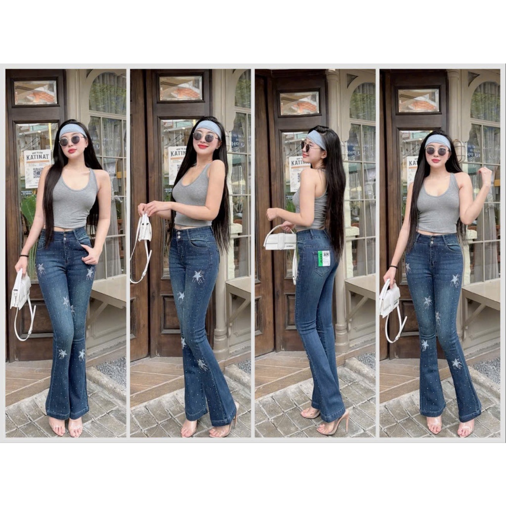 40-75kg Quần Jeans Nữ Lưng Cao Ống Loe Dài Thêu Sao Đính Đá CO Giãn 4 chiều 100-103cm
