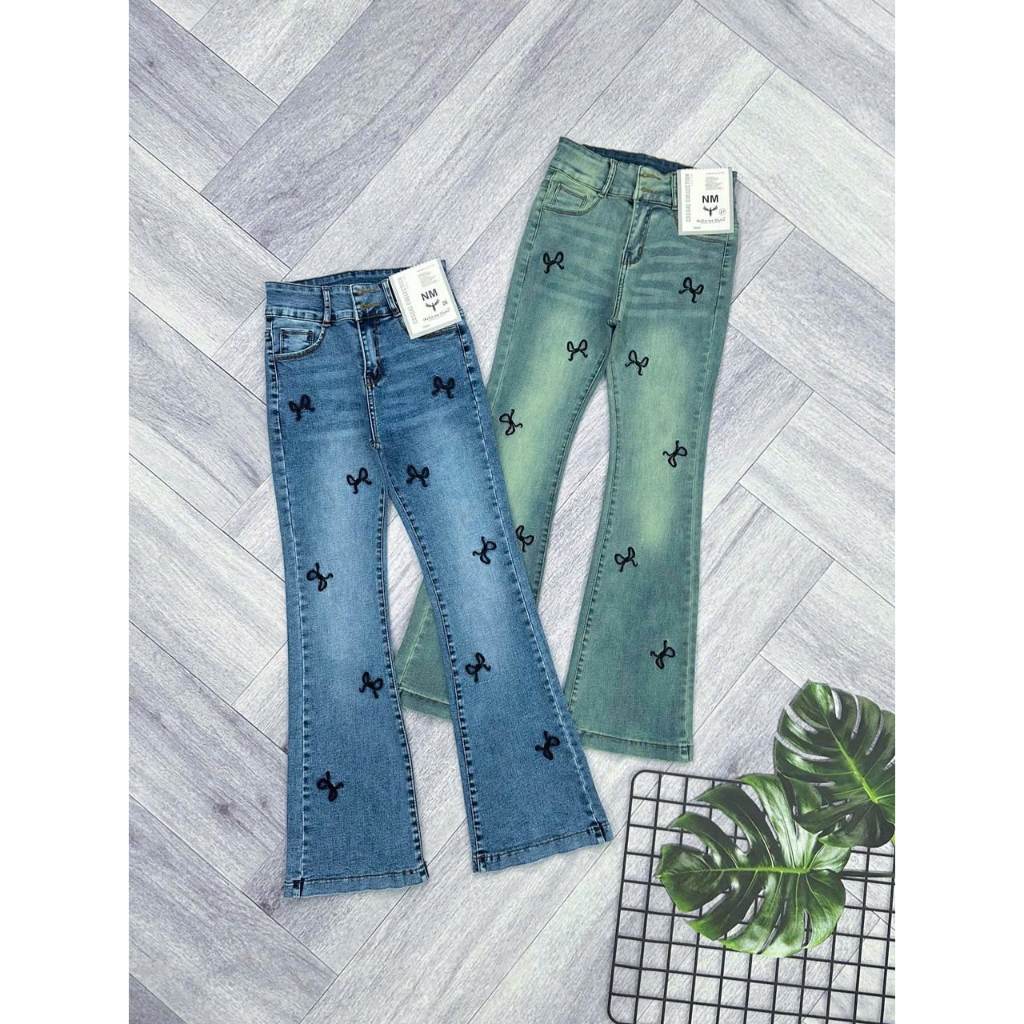 Quần Jeans Nữ, quần Bò Nữ ỐNg LOE Dài Lưng Cao Thêu Nơ rơi co giãn 4 chiều nâng mông 98-99cm