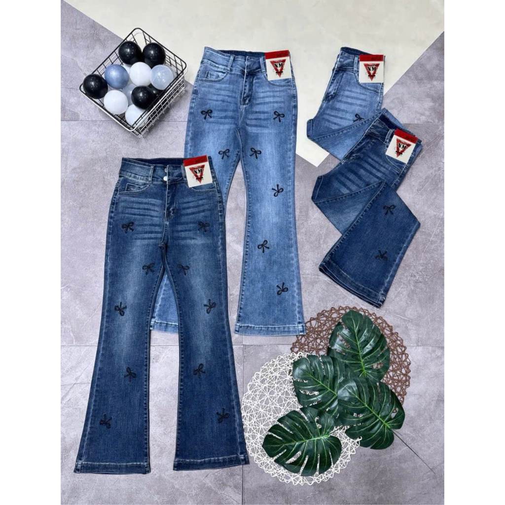 Quần Jeans Nữ, quần Bò Nữ ỐNg LOE Dài Lưng Cao Thêu Nơ rơi co giãn 4 chiều nâng mông 98-99cm