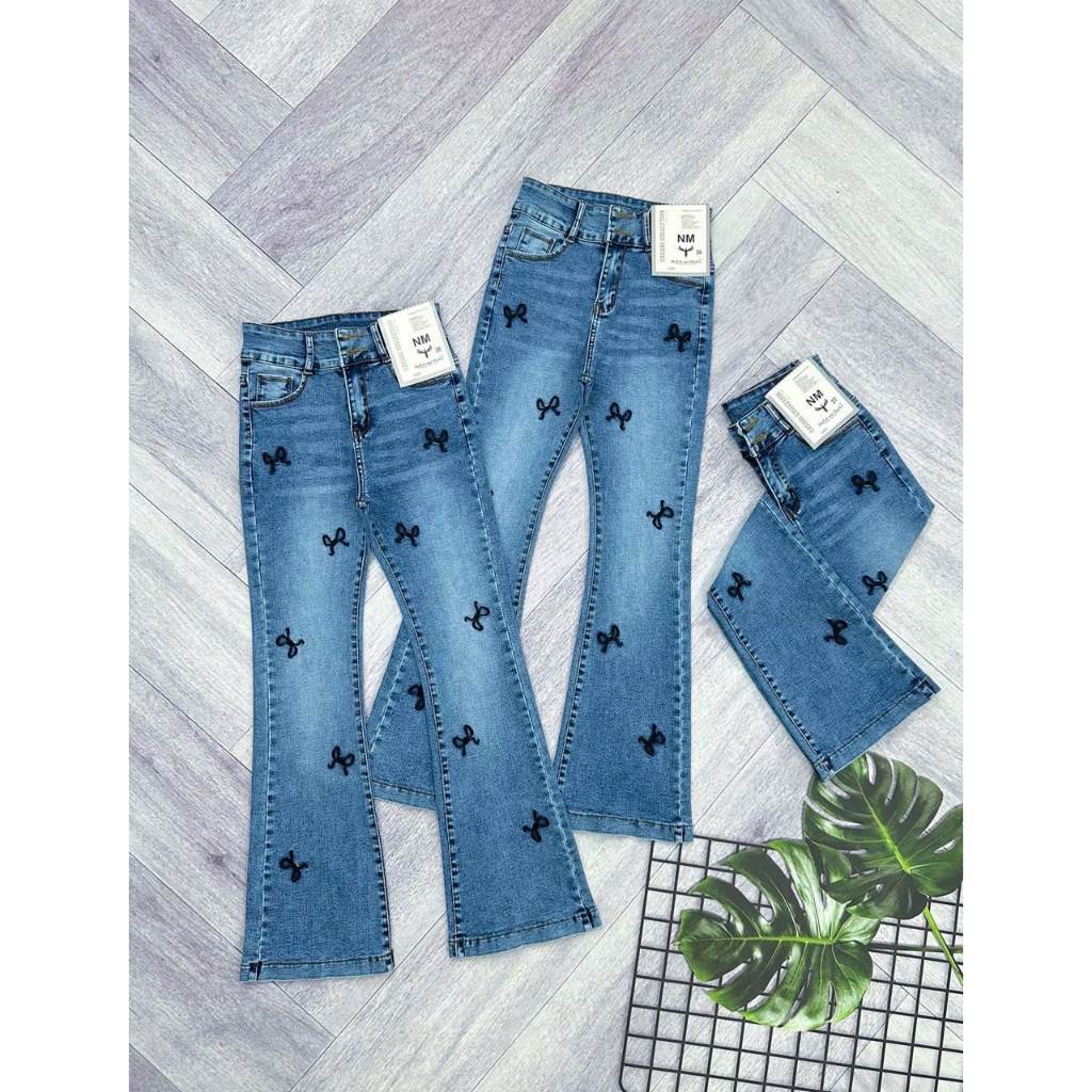 Quần Jeans Nữ, quần Bò Nữ ỐNg LOE Dài Lưng Cao Thêu Nơ rơi co giãn 4 chiều nâng mông 98-99cm