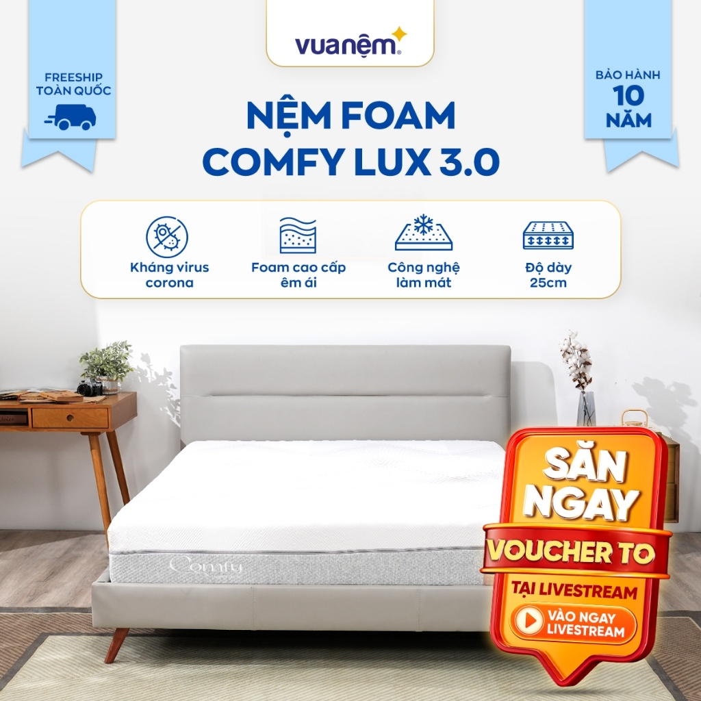 [ĐƠN 10TR TẶNG 1 BỘ CHĂN BÉ] Nệm Foam Comfy Lux 3.0 - Đệm foam cao cấp, Nệm foam vỏ áo nệm làm mát