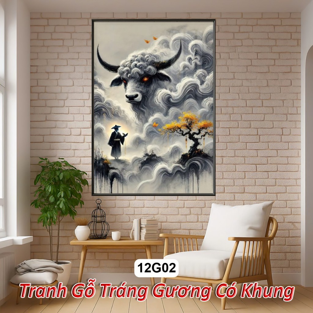 Tranh Thủy Mặc 12 Con Giáp Tráng Gương Khung Composite Decor treo tường