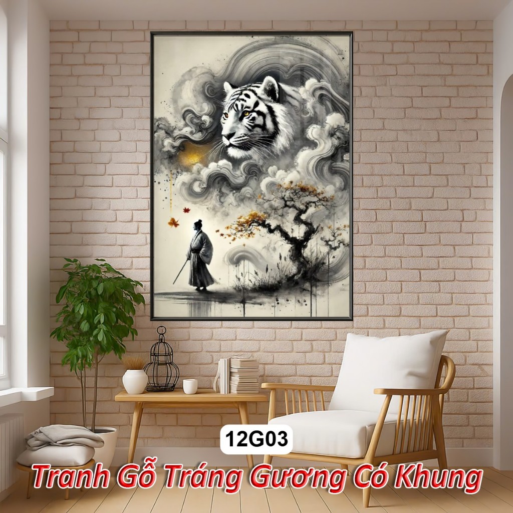 Tranh Thủy Mặc 12 Con Giáp Tráng Gương Khung Composite Decor treo tường