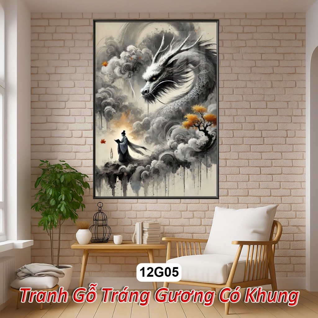 Tranh Thủy Mặc 12 Con Giáp Tráng Gương Khung Composite Decor treo tường