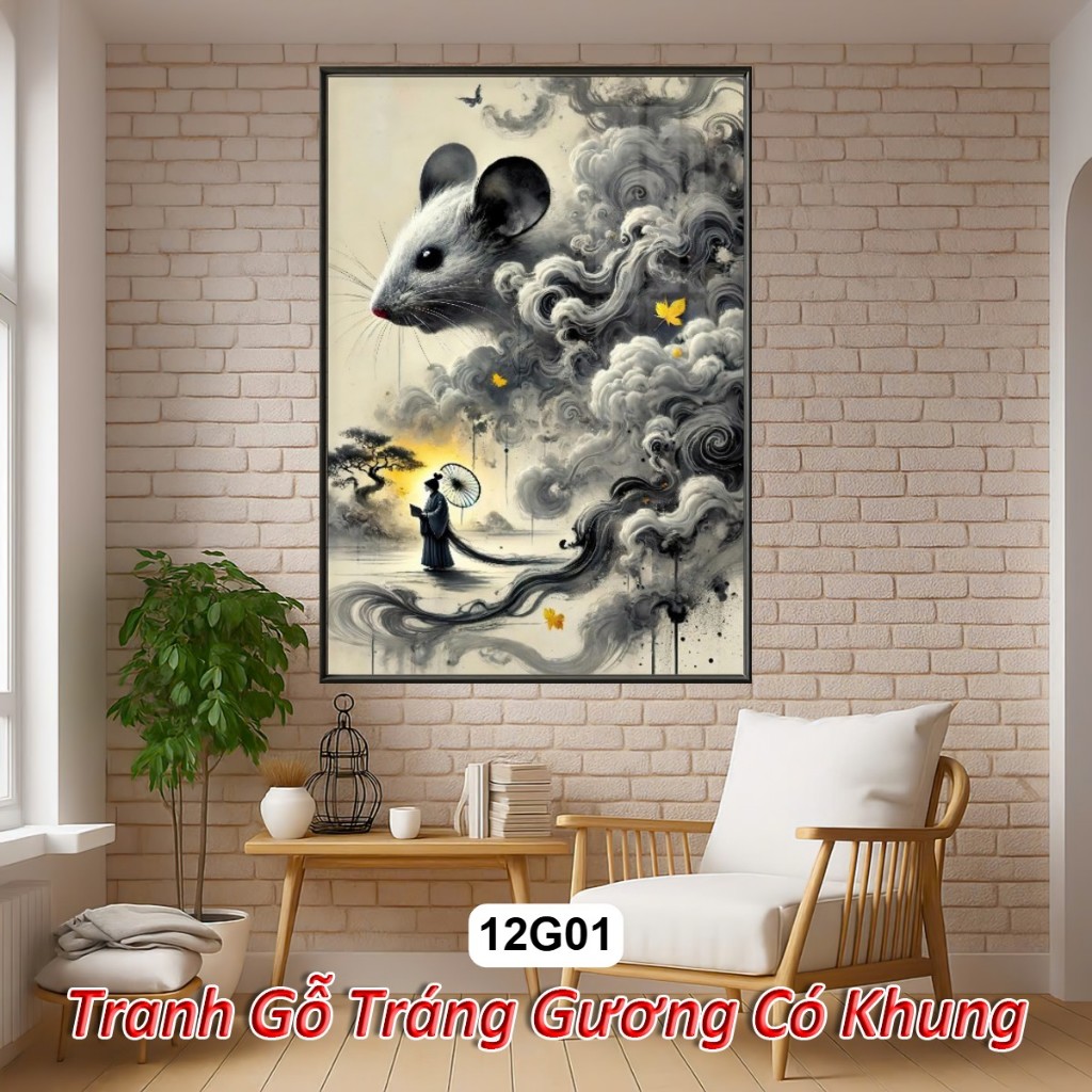 Tranh Thủy Mặc 12 Con Giáp Tráng Gương Khung Composite Decor treo tường