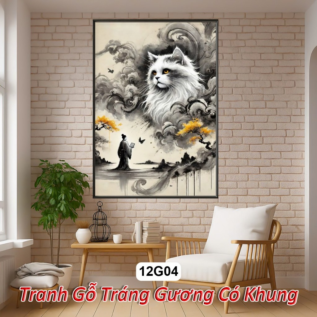 Tranh Thủy Mặc 12 Con Giáp Tráng Gương Khung Composite Decor treo tường