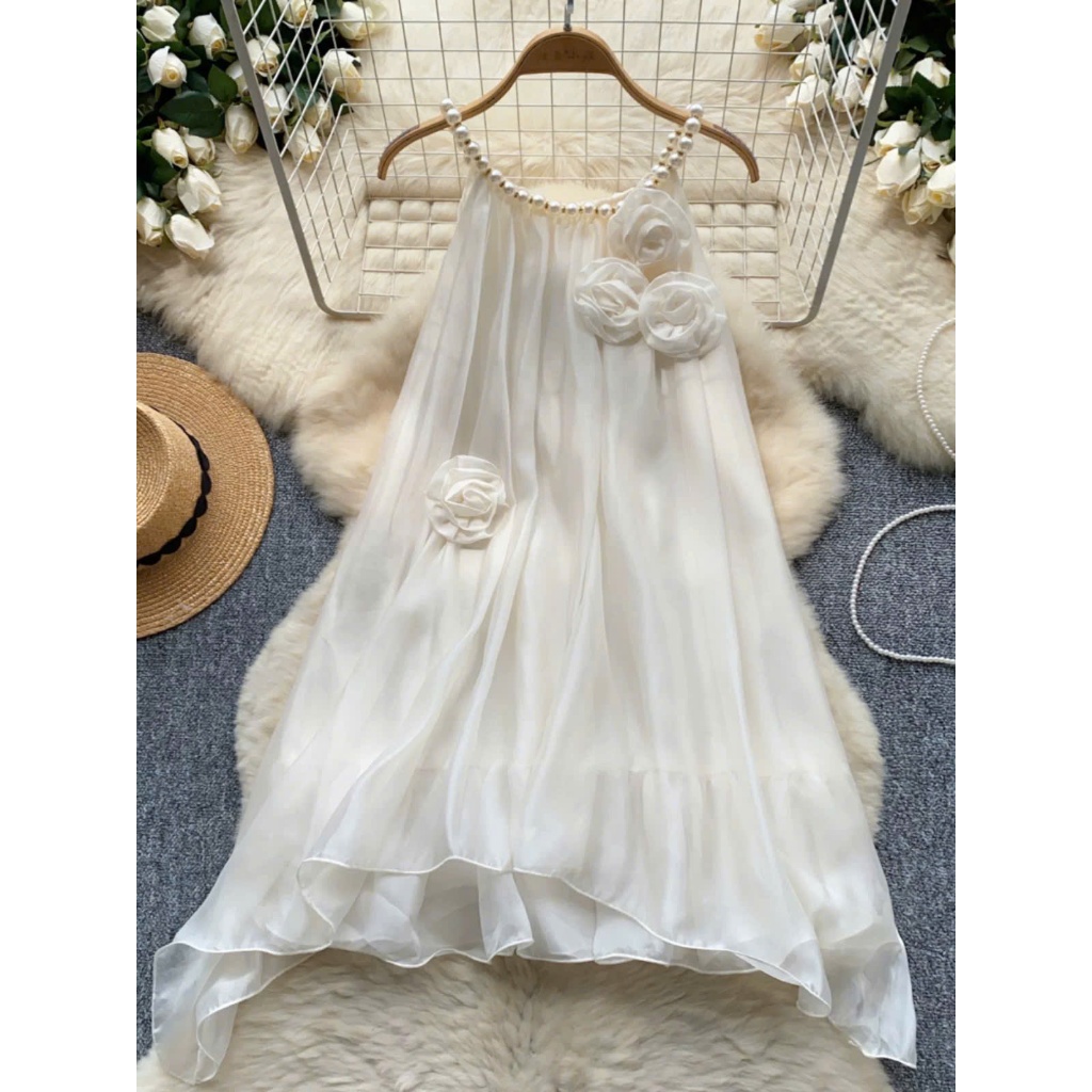 Váy yếm bé gái babydoll công chúa cổ đính ngọc đá kèm hoa hồng sang chảnh mẹ và bé gái 15-55kg,váy bé gái đẹp size đại