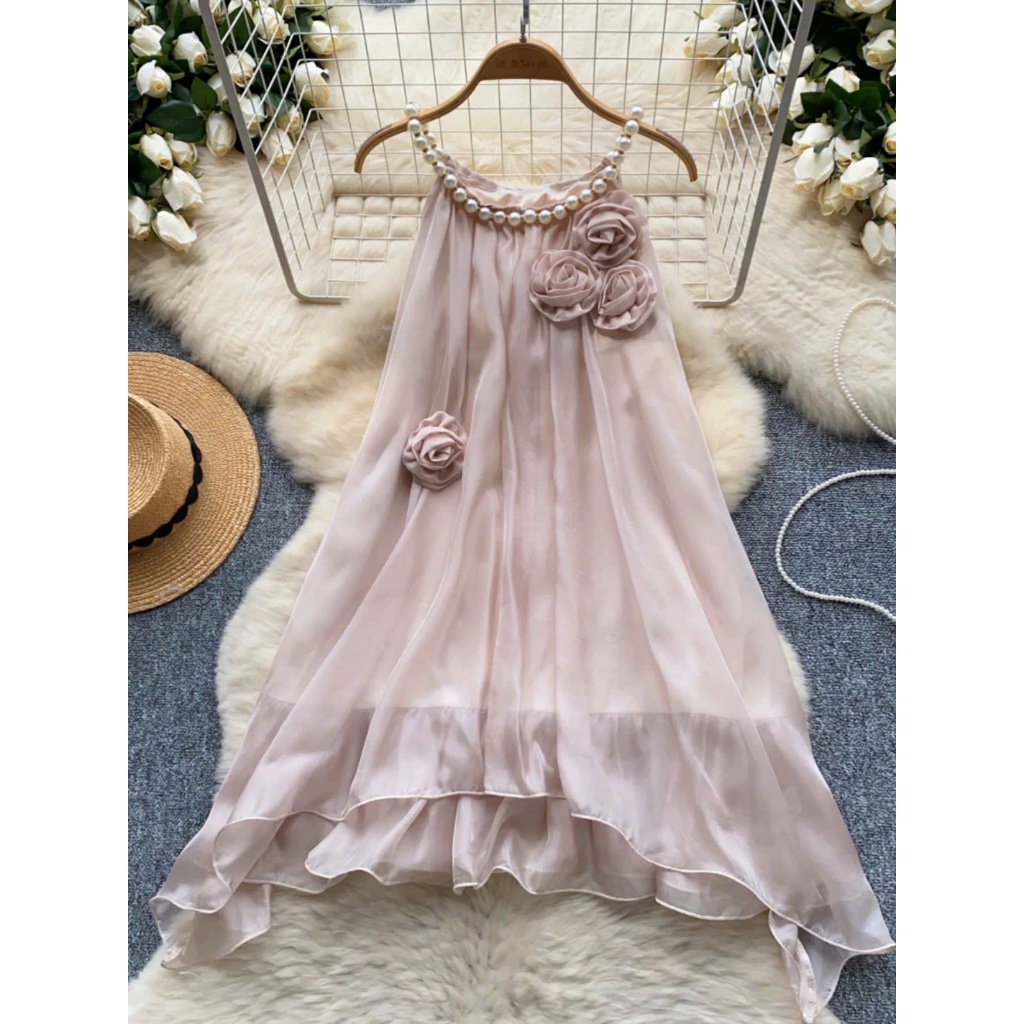 Váy yếm bé gái babydoll công chúa cổ đính ngọc đá kèm hoa hồng sang chảnh mẹ và bé gái 15-55kg,váy bé gái đẹp size đại
