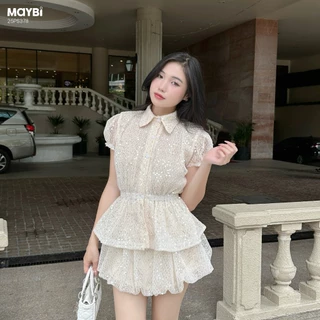 Set áo sơ mi kiểu chân váy bí dáng mini,éo nhún thun,thiết kế sang trọng - Chính hãng Maybi
