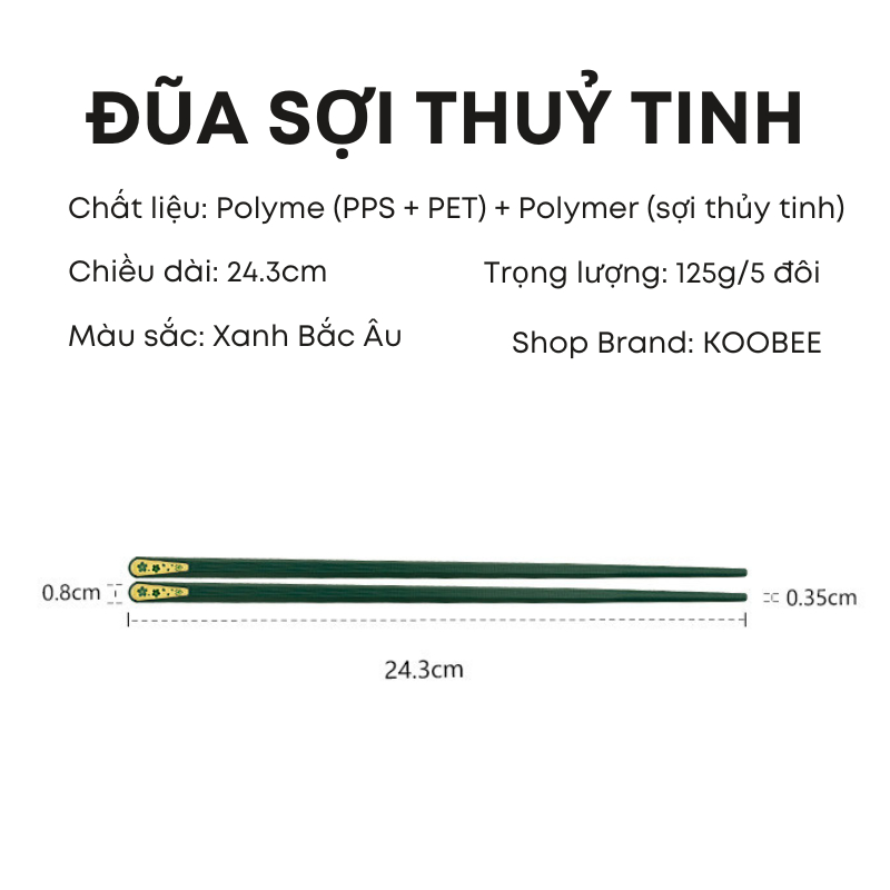 Bộ 10 Đôi Đũa Sợi Thủy Tinh Màu Xanh Bắc Âu Cỏ 4 Lá – Kháng Khuẩn, Chống Mốc, Chống Trơn, Chịu Nhiệt Cao Cấp | 068