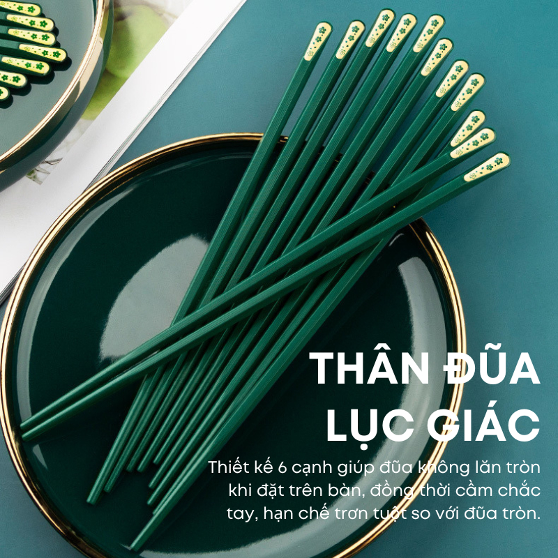 Bộ 10 Đôi Đũa Sợi Thủy Tinh Màu Xanh Bắc Âu Cỏ 4 Lá – Kháng Khuẩn, Chống Mốc, Chống Trơn, Chịu Nhiệt Cao Cấp | 068