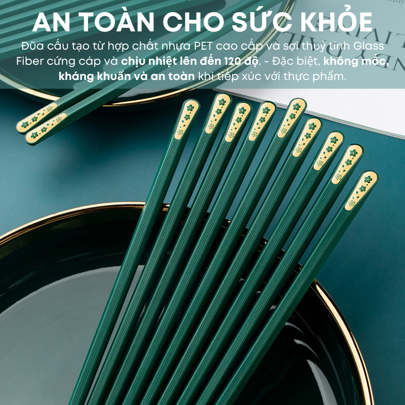 Bộ 10 Đôi Đũa Sợi Thủy Tinh Màu Xanh Bắc Âu Cỏ 4 Lá – Kháng Khuẩn, Chống Mốc, Chống Trơn, Chịu Nhiệt Cao Cấp | 068