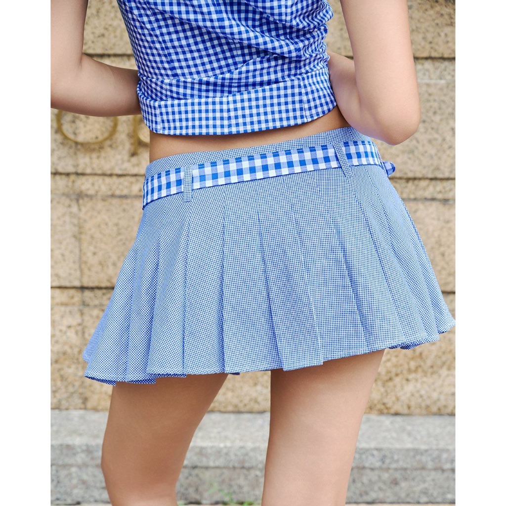 TheBlueTshirt - Chân váy xếp ly dáng ngắn xoè có quần bảo hộ thắt lưng vải caro nữ - Pretty Girl Skirt