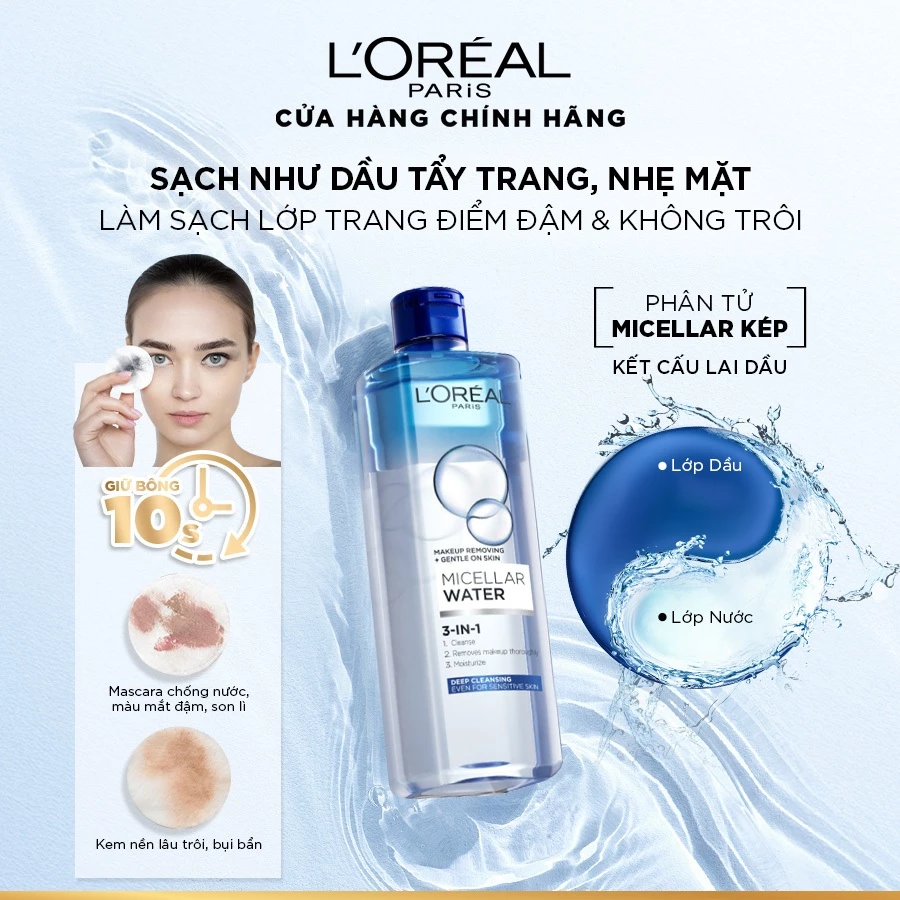 Nước tẩy trang và làm sạch sâu 3-in-1 L'Oreal Paris  Micellar Water 400ml