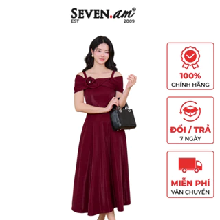 Đầm xoè 2 dây trễ vai đỏ hoa cuốn thời trang nữ Seven.AM H633675I