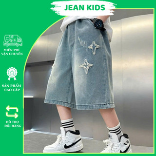 Quần Jean Short Bé Trai Ống Rộng Cá Tính, Thêu Họa Tiết Siêu Chất - Size 18kg đến 46kg