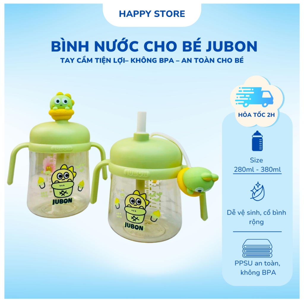 Bình Nước Cho Bé Jubon PPSU Cao Cấp, Dung Tích 280ml & 380ml, An Toàn, Chống Sặc, Thiết Kế Đáng Yêu