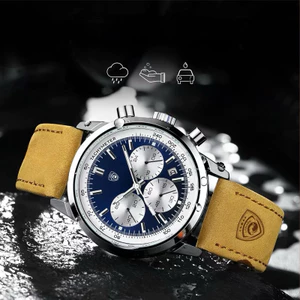 Đồng Hồ Nam VIDARS Ba Mắt Dây Nỉ Dây Nâu Viền Bạc Mặt Xanh Chống Nước 3ATM Đeo Tay Watch