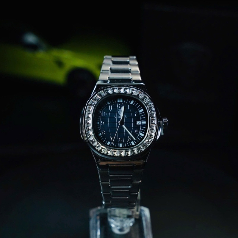 Đồng Hồ Nam VIDARS Tàu Ngầm Viền Đá Dây Thép Có Lịch Ngày Mặt Vuông Tròn Chống Nước 3ATM Size 40mm