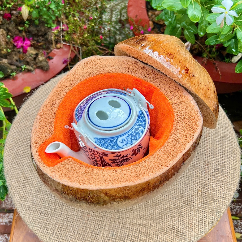 [ SIZE 800ML - 1000ML ] Bình Ủ Ấm Trà TRÁI DỪA BÓNG Giữ Nhiệt Cao Cấp, Quả Dừa Thô Bóng, Phù Hợp Trang Trí Bàn Trà