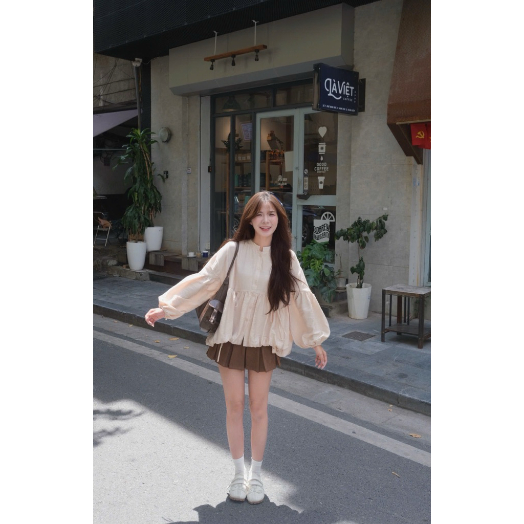 Áo đũi phồng babydoll dây nơ tay dài cài cúc Nữ the.sweaterweather TSW