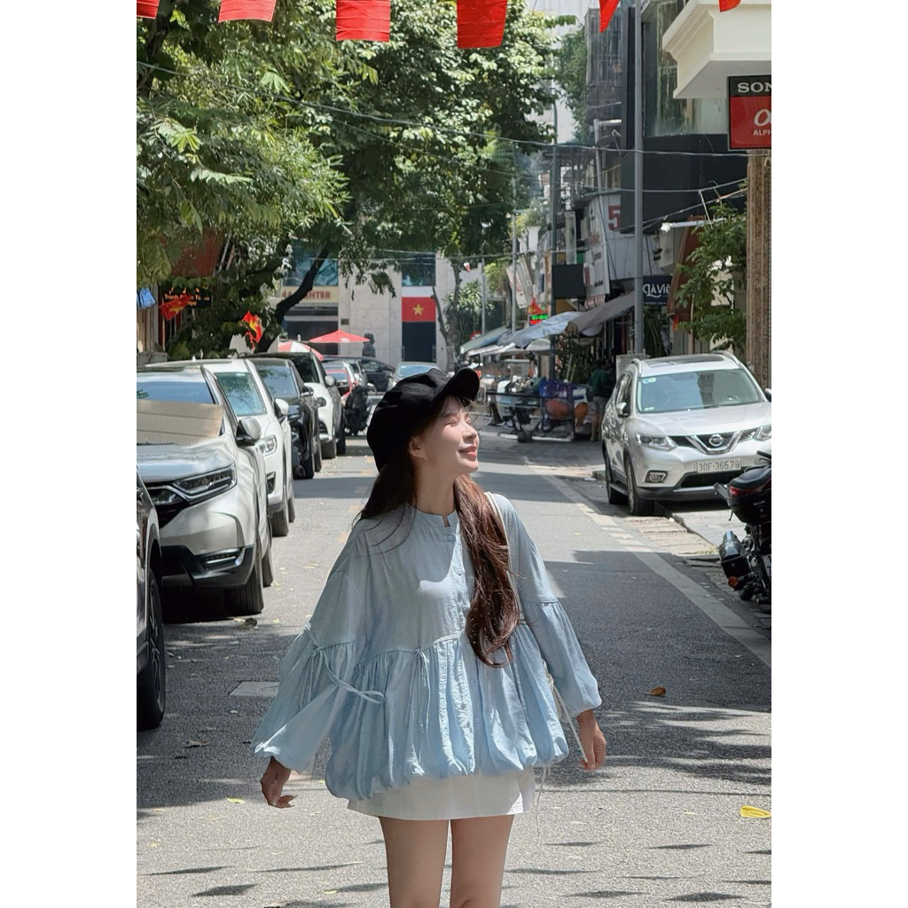Áo đũi phồng babydoll dây nơ tay dài cài cúc Nữ the.sweaterweather TSW