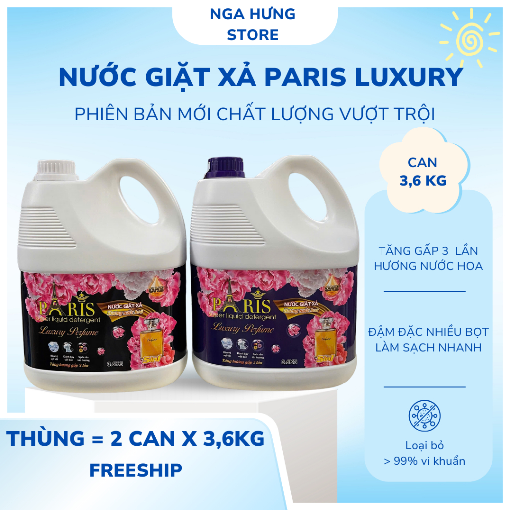 (PHIÊN BẢN MỚI) Thùng 2 Can Nước Giặt Paris Luxury (Can 3,6kg) Chính Hãng , Đậm Đặc, Nhiều Bọt