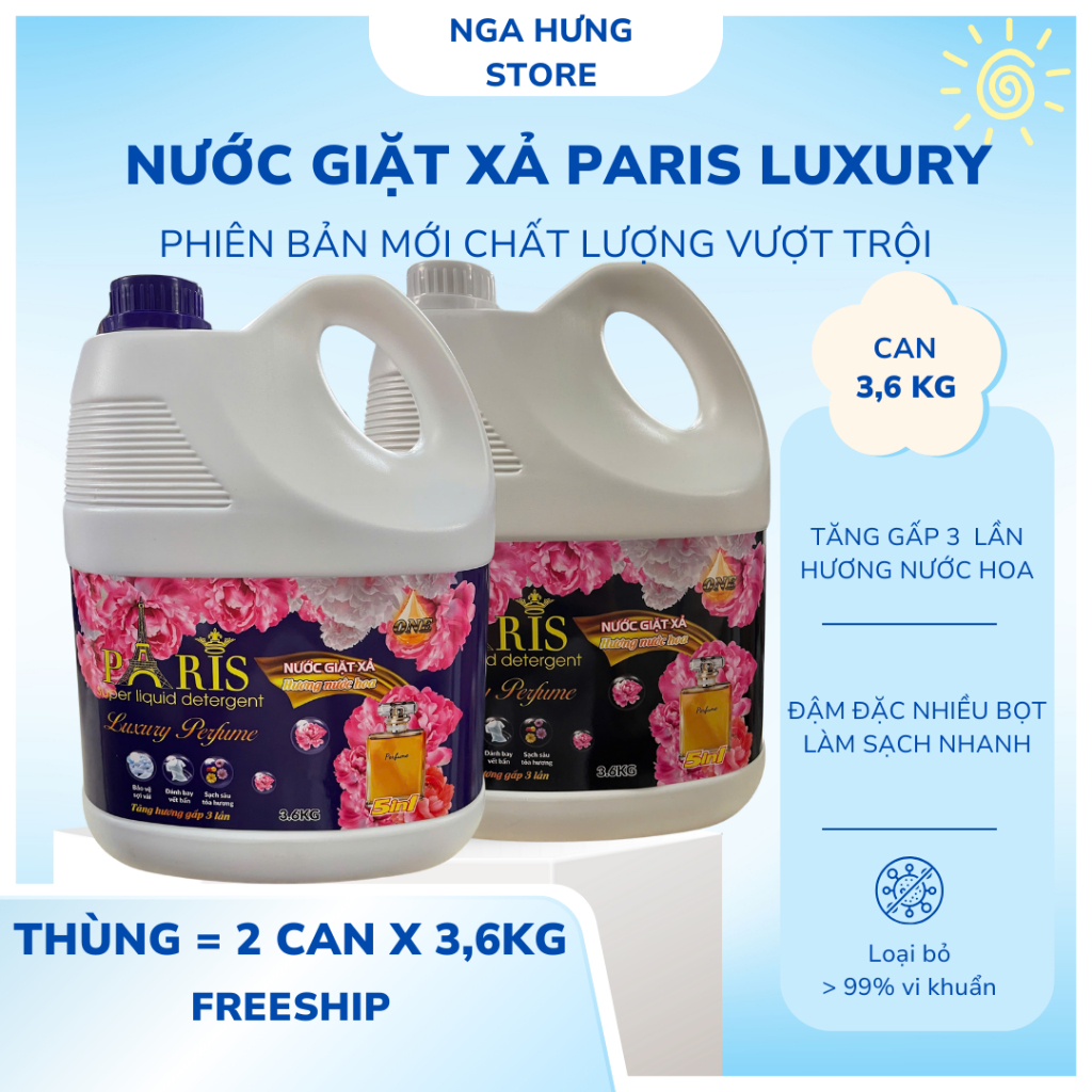 (PHIÊN BẢN MỚI) Thùng 2 Can Nước Giặt Paris Luxury (Can 3,6kg) Chính Hãng , Đậm Đặc, Nhiều Bọt