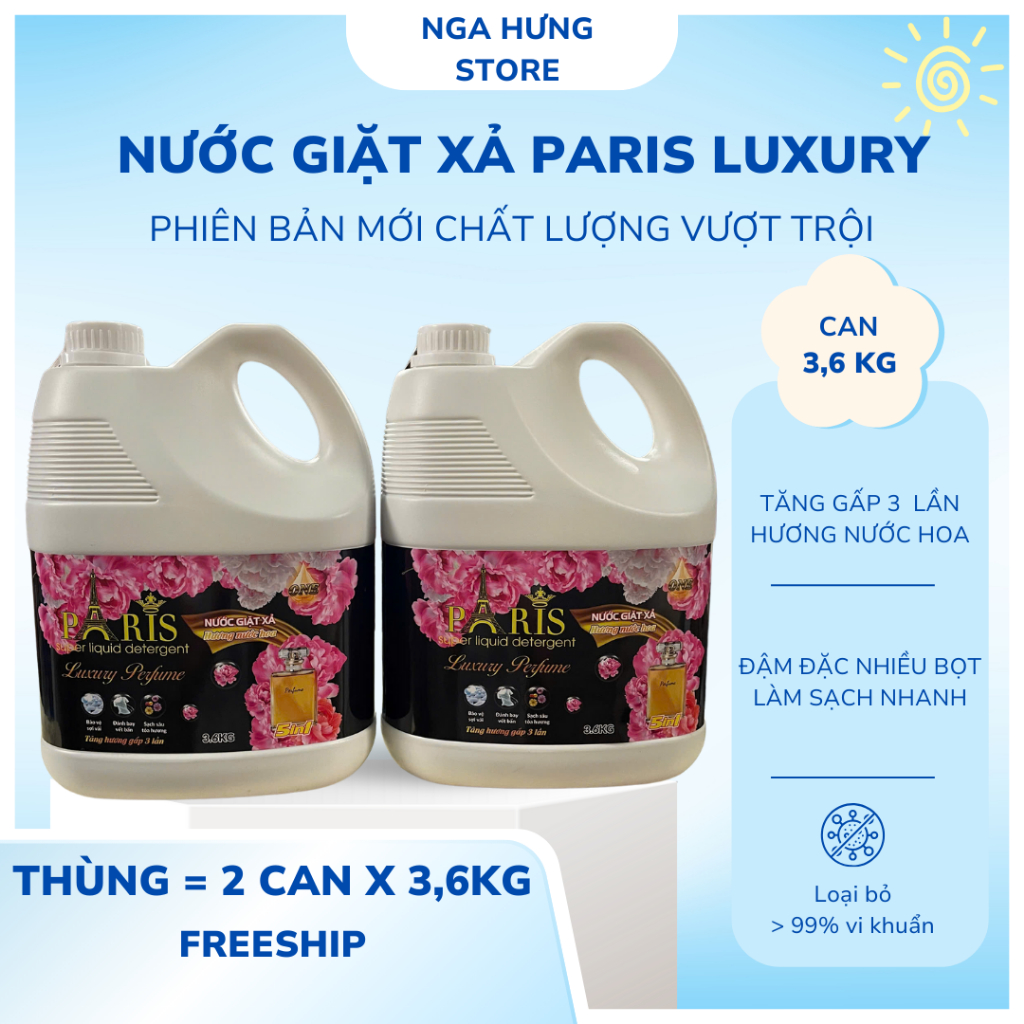 (PHIÊN BẢN MỚI) Thùng 2 Can Nước Giặt Paris Luxury (Can 3,6kg) Chính Hãng , Đậm Đặc, Nhiều Bọt