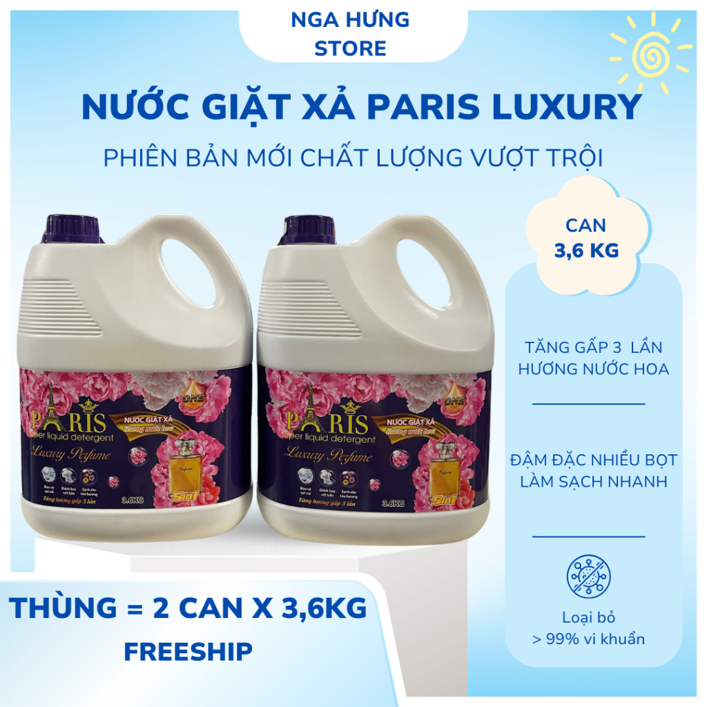 (PHIÊN BẢN MỚI) Thùng 2 Can Nước Giặt Paris Luxury (Can 3,6kg) Chính Hãng , Đậm Đặc, Nhiều Bọt
