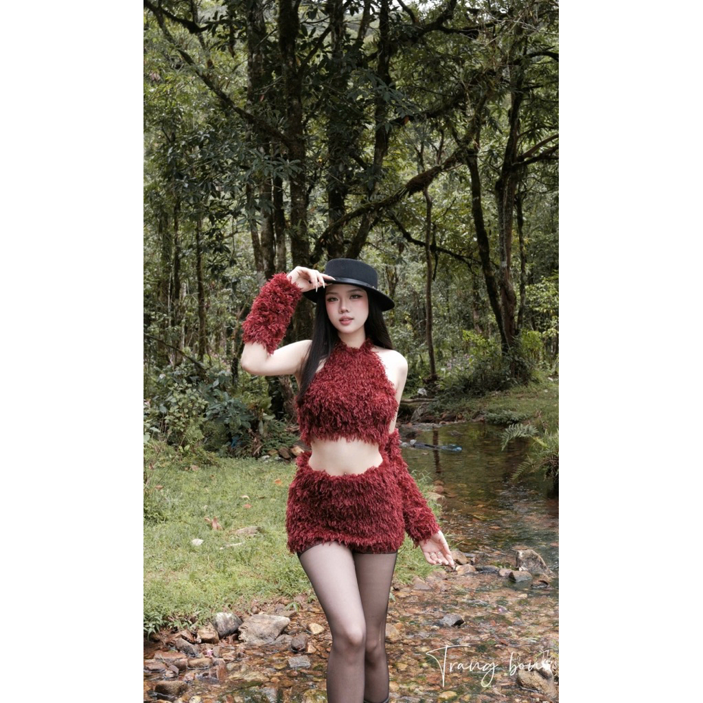 Set váy yếm lông kèm găng tay rời sexy mlem SV02