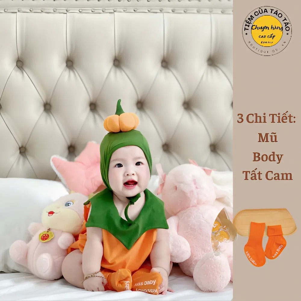 (SẴN SHIP - HỎA TỐC) Set bodysuit Bí Ngô KÈM MŨ TẶNG TẤT HALLOWEEN Hàn Quốc cho bé trai, gái cho bé trai bé gái 5-14kg