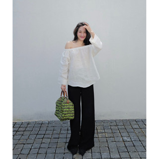 𝙉𝘼𝙉𝙔 𝙏𝙊𝙋 - Áo Linen bẹt vai dài tay