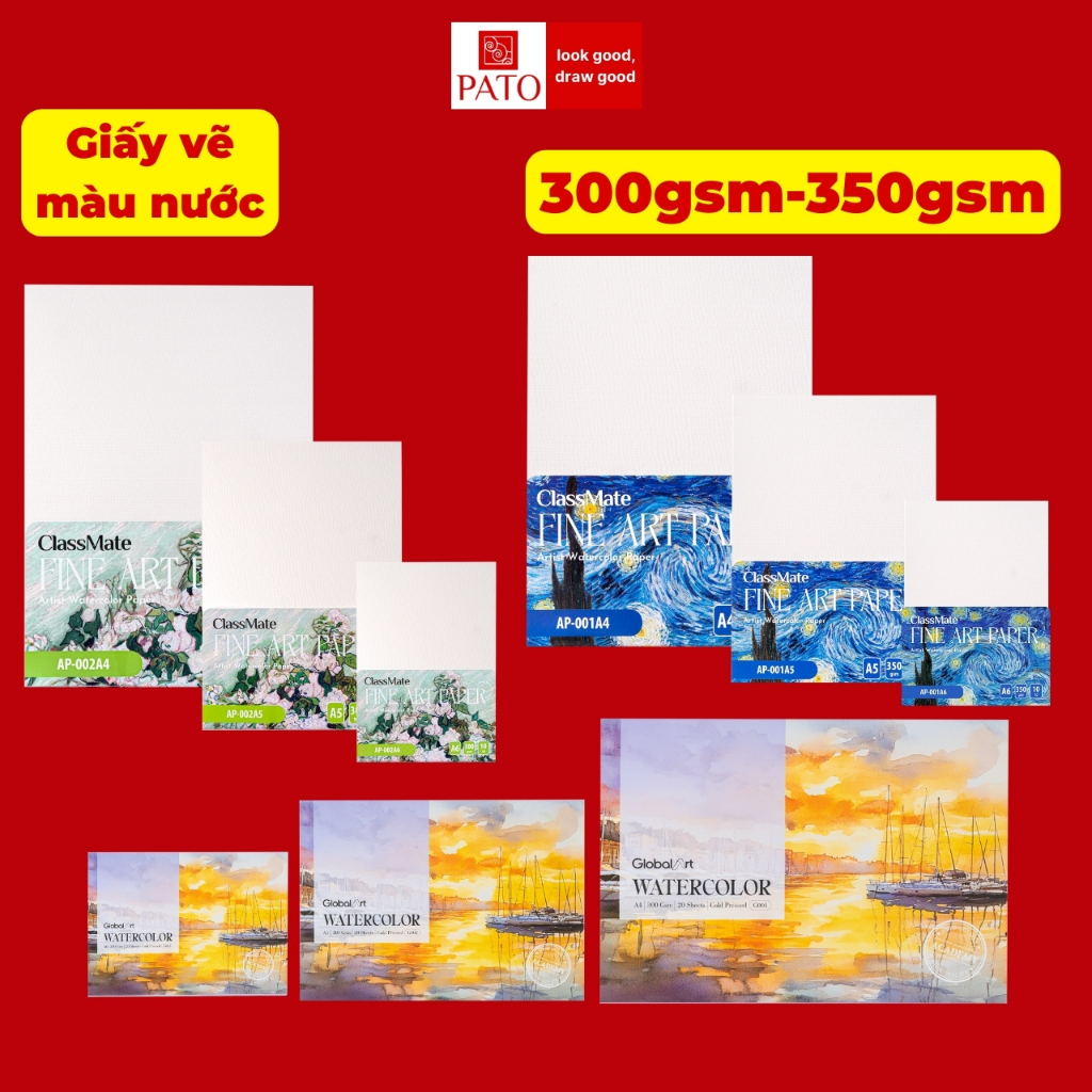 Giấy Vẽ Màu Nước GLOBAL ART 300GSM 350GSM, Giấy Vẽ Vân Cold CLASSMATE Vẽ Màu Nước, Acrylic, Gouache, Vẽ Phong Cảnh