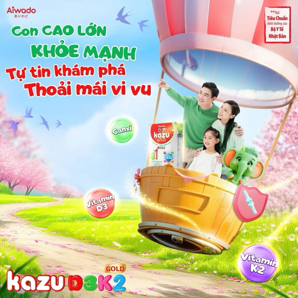 {Siêu hót} Sữa bột pha sẵn Aiwado Kazu D3K2 Gold thùng 48 hộp - giúp con CAO LỚN – KHỎE MẠNH