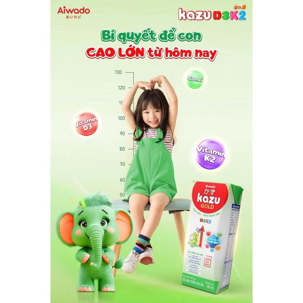 {Siêu hót} Sữa bột pha sẵn Aiwado Kazu D3K2 Gold thùng 48 hộp - giúp con CAO LỚN – KHỎE MẠNH