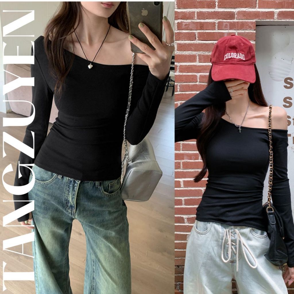 [CÓ SIZE] Áo Trễ Vai Tay Dài Thiết Kế Lệch Vai Ôm Sát Body Sexy Phong Cách Hàn Quốc Chất Thun Gân Dày Dặn - T803G