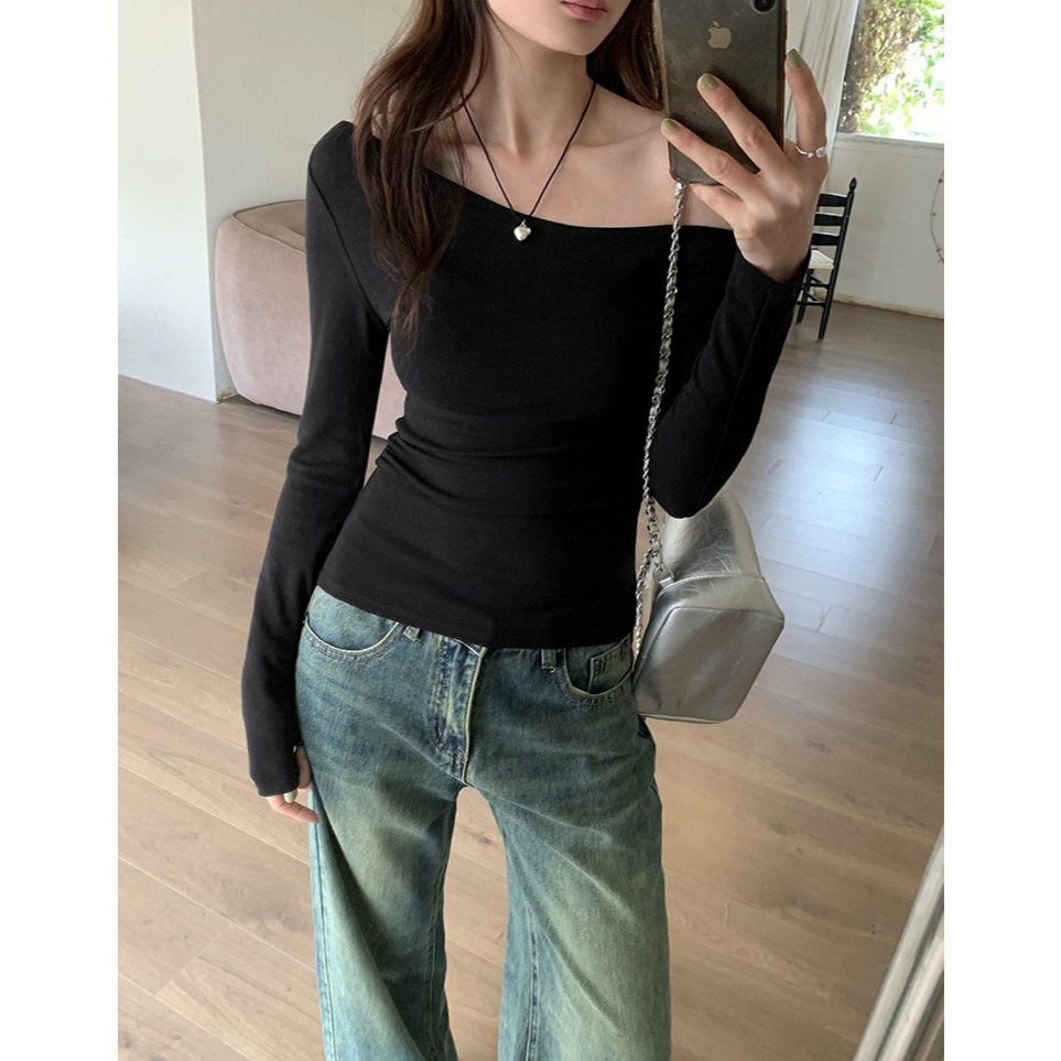 [CÓ SIZE] Áo Trễ Vai Tay Dài Thiết Kế Lệch Vai Ôm Sát Body Sexy Phong Cách Hàn Quốc Chất Thun Gân Dày Dặn - T803G