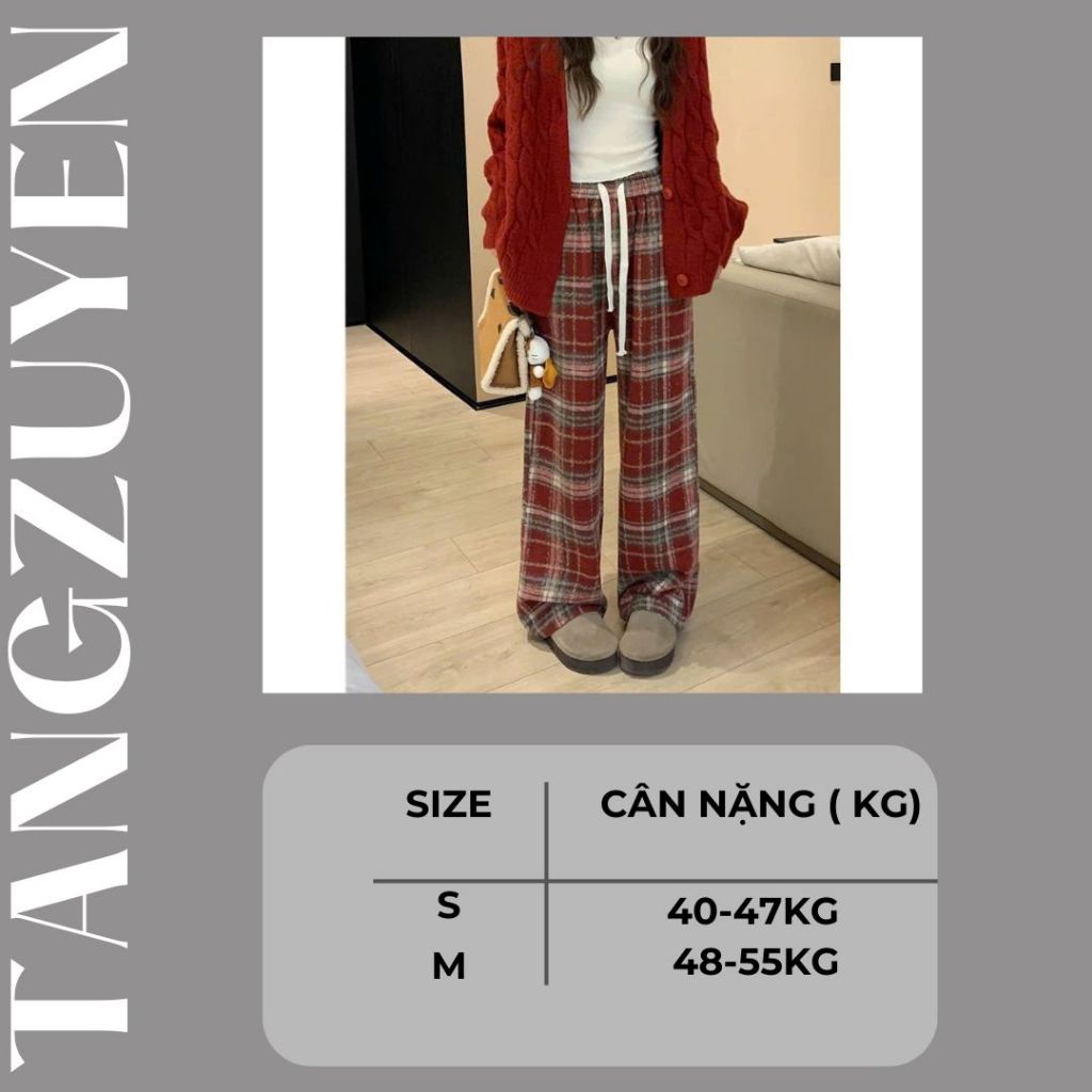 Quần ống rộng nam nữ kẻ caro dây rút chất dạ Quần dài ống suông thu đông sọc ô unisex đi học đi chơi noel T559G