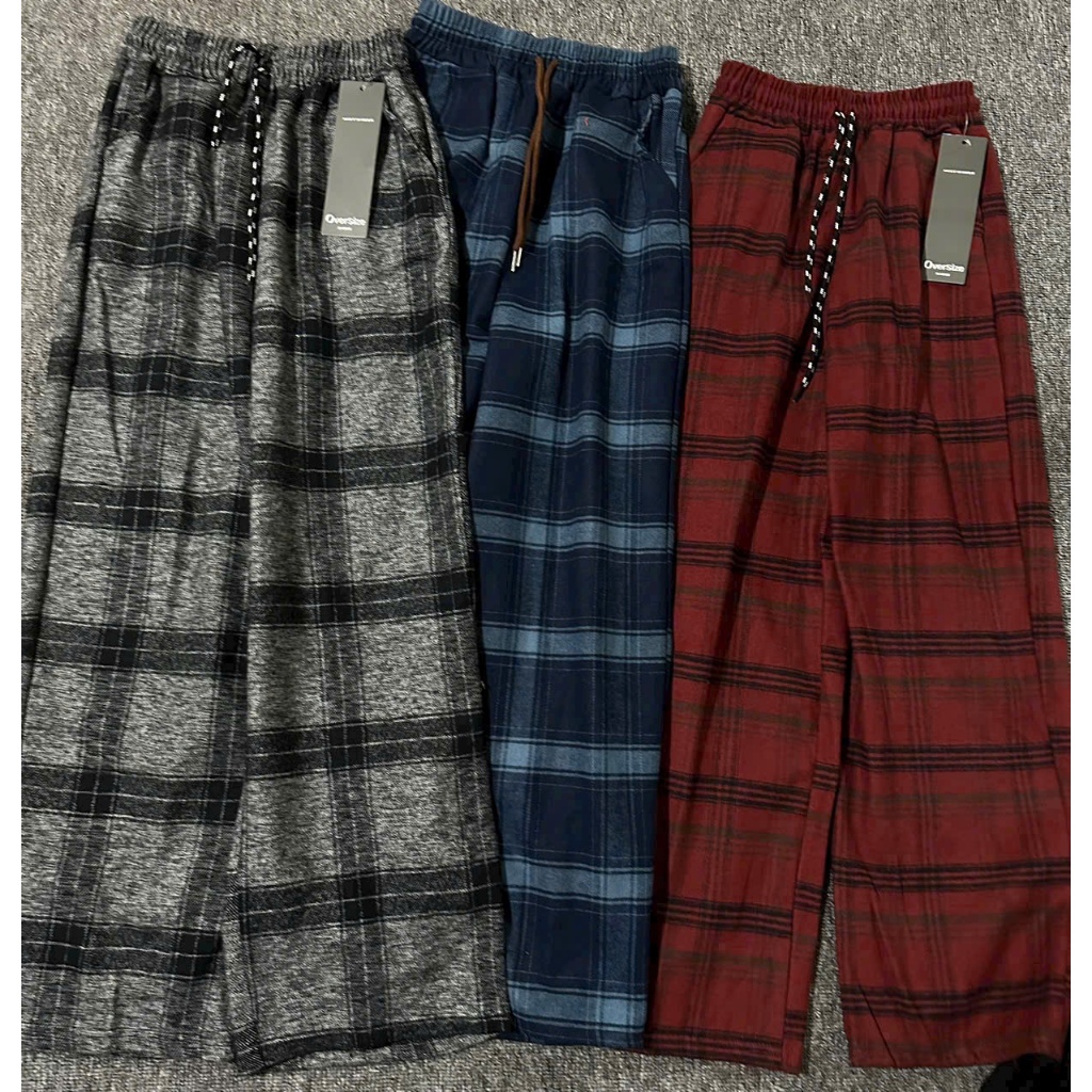 Quần ống rộng nam nữ kẻ caro dây rút chất dạ Quần dài ống suông thu đông sọc ô unisex đi học đi chơi noel T559G