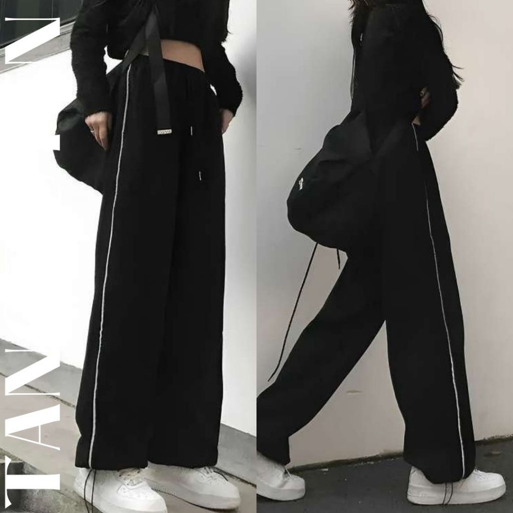 Quần ống rộng 1 sọc cạnh dày dặn dáng suông cạp chun nam nữ Quần jogger rút gấu unisex đen vạch trắng thể dục T47G
